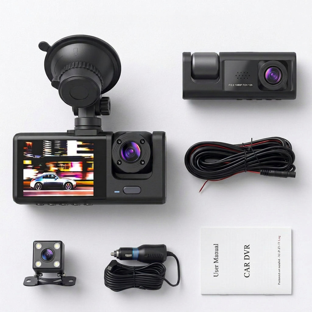 Câmera Veicular Full HD 1080p Frontal + Interna + Traseira Com Tela LCD DVR Automotivo Visão Noturna - SMILE