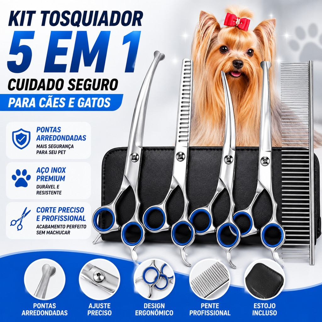 Kit 5 Tesouras Profissional Tosa Pet Aço Inoxidável - Não Puxa Pelo para Cães e Gatos