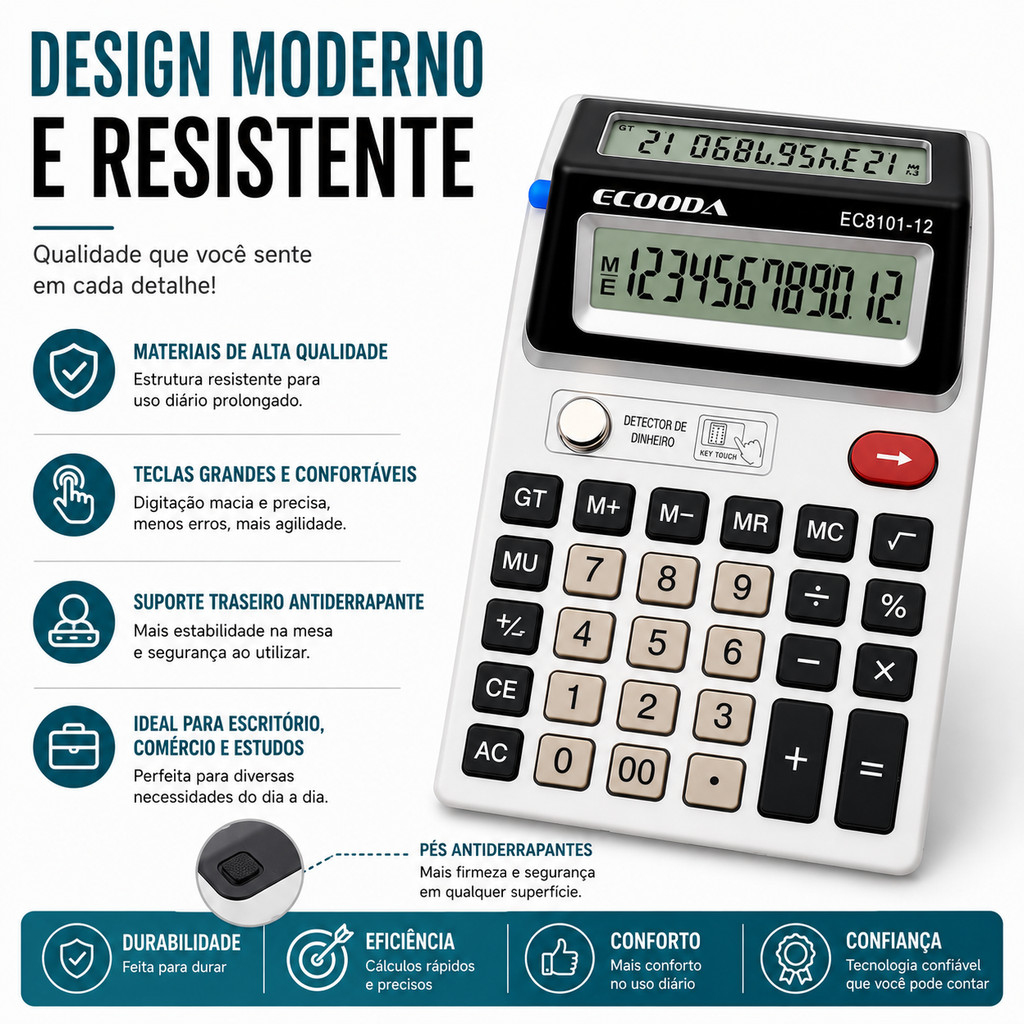 Calculadora Eletrônica 12 Dígitos com Duplo Visor Detector de Dinheiro Escritório Escola Comércio