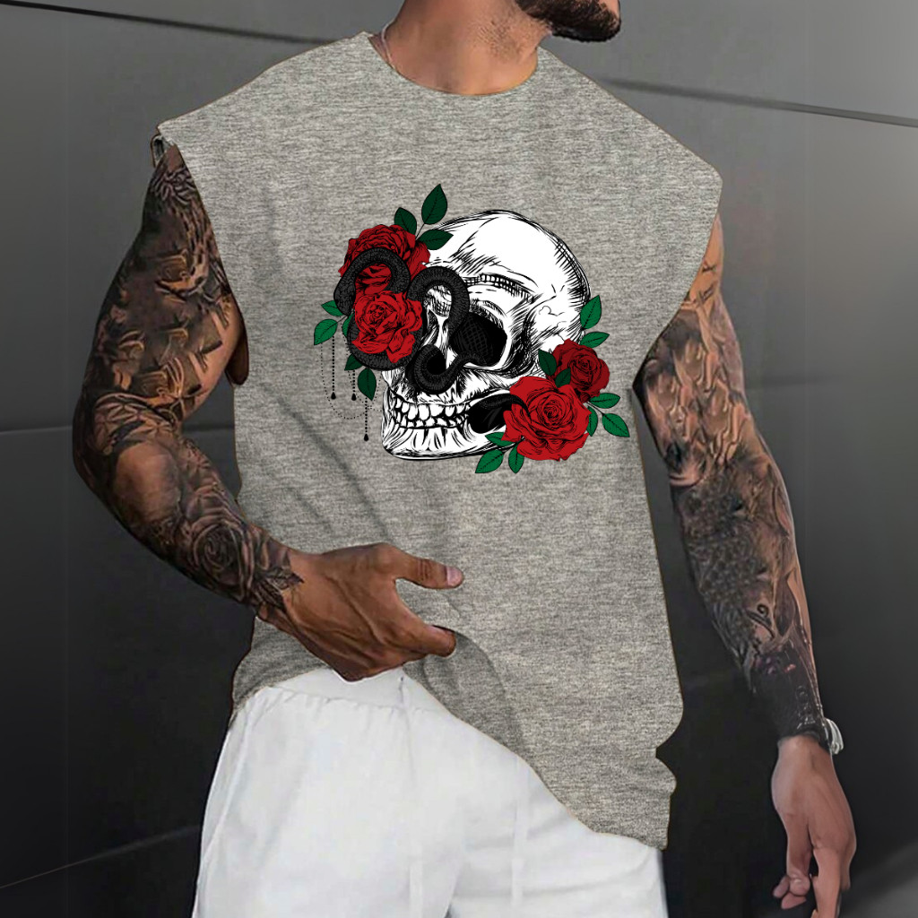 Regata Estampada Caveira Com Rosas Regata 100% Algodão