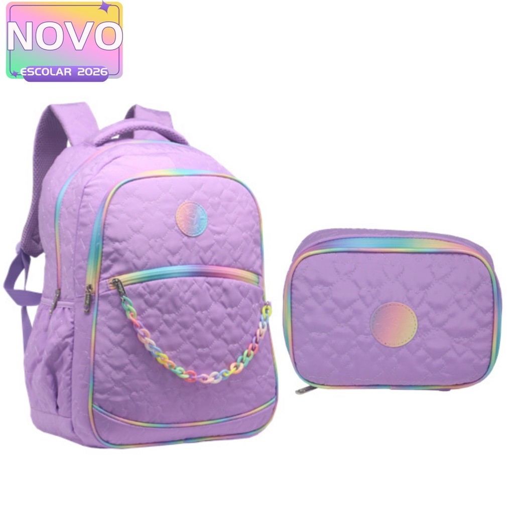Kit Mochila De Costas Escolar Juvenil 18”  Com Estojo Estampa Coração Feminina em Oferta na Shopee