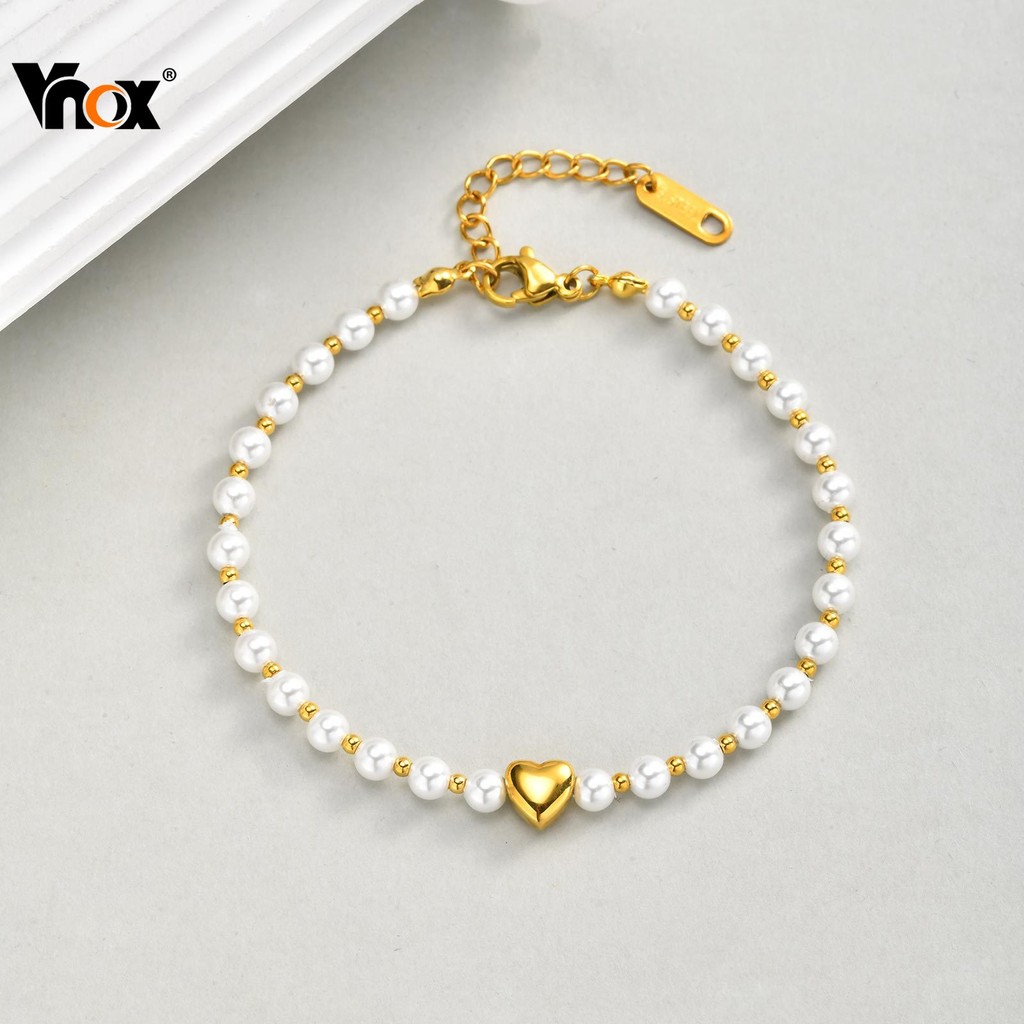 Vnox Pérola Frisada Ouro Coração Acessórios Pulseira Feminina Meninas , Ajustável Artesanal Não Desbotamento Jóias Prese