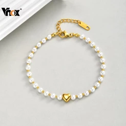 Vnox Pérola Frisada Ouro Coração Acessórios Pulseira Feminina Meninas , Ajustável Artesanal Não Desbotamento Jóias Prese