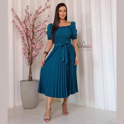 Vestido Midi Feminino Plissado Liso Manga Bufante Elegante Romântico e Versátil para Festa e Casual Plus Size