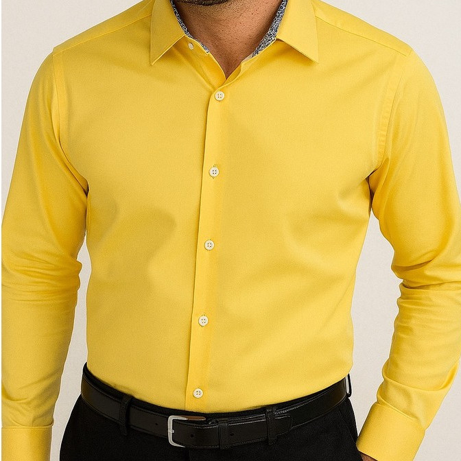 Camisa Social 100% Algodão Masculina Manga Longa Amarela Empório Colombo