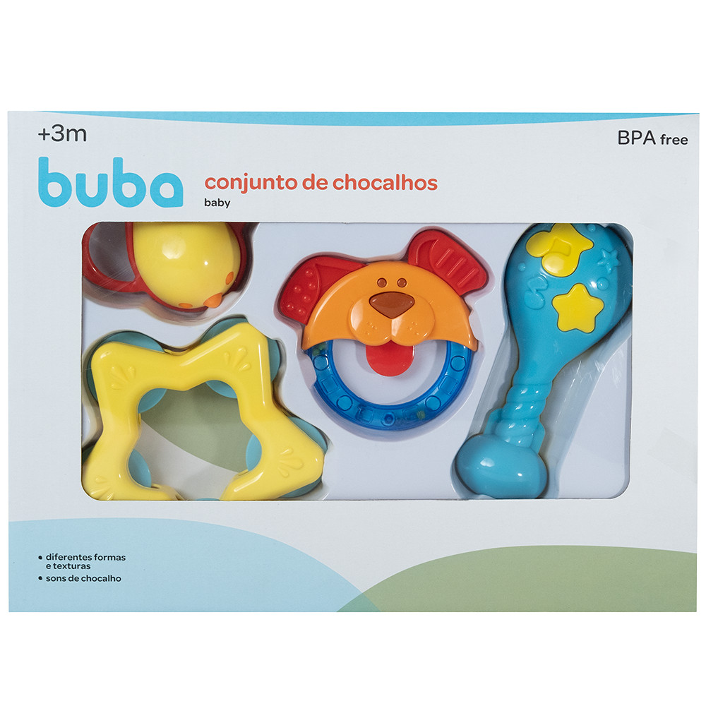 Chocalho Bebê Buba Kit com 4 Chocalhos Sortidos Brinquedo Bebe Buba
