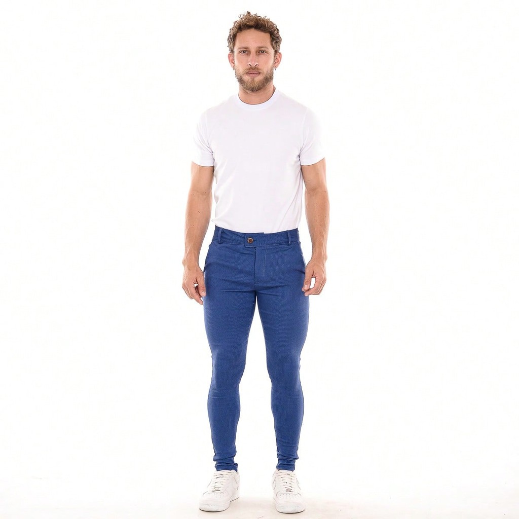 Calça Alfaiataria Bengaline Skinny Azul  Risca De Giz