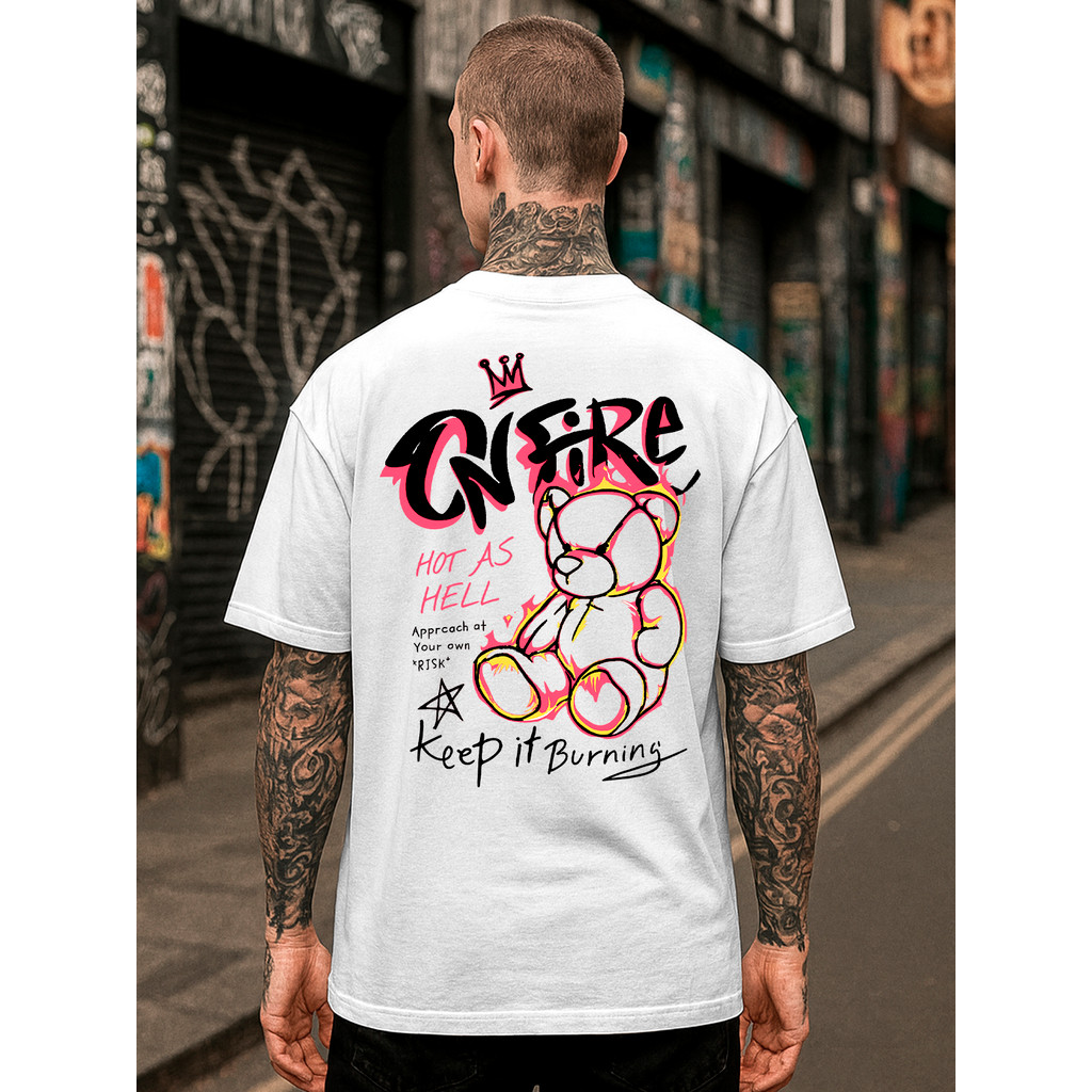 Camiseta Oversized Masculina Streetwear Urso On Fire Faixa Camisa Algodão Premium Unissex 26.1