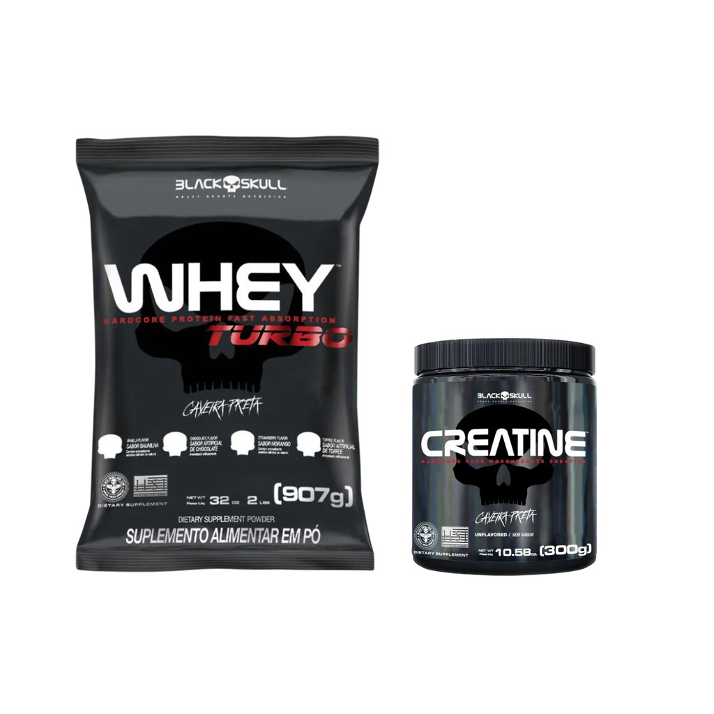 Kit Whey Protein Turbo Morango 900g + 1 Creatina Turbo 300g - Black Skull
