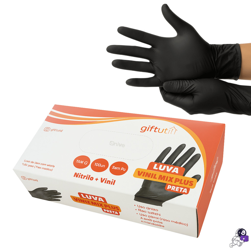 Kit Até 5 Caixas de Luva Vinil Preta 100 Unidades Descartavel Sem Pó Resistente Com Nitrilo