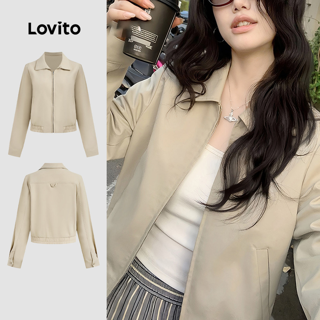 (NEW) Lovito Jaqueta Casual com Zíper Outono/inverno Jaqueta Leve Cáqui para mulheres L151AD086 em Oferta na Shopee