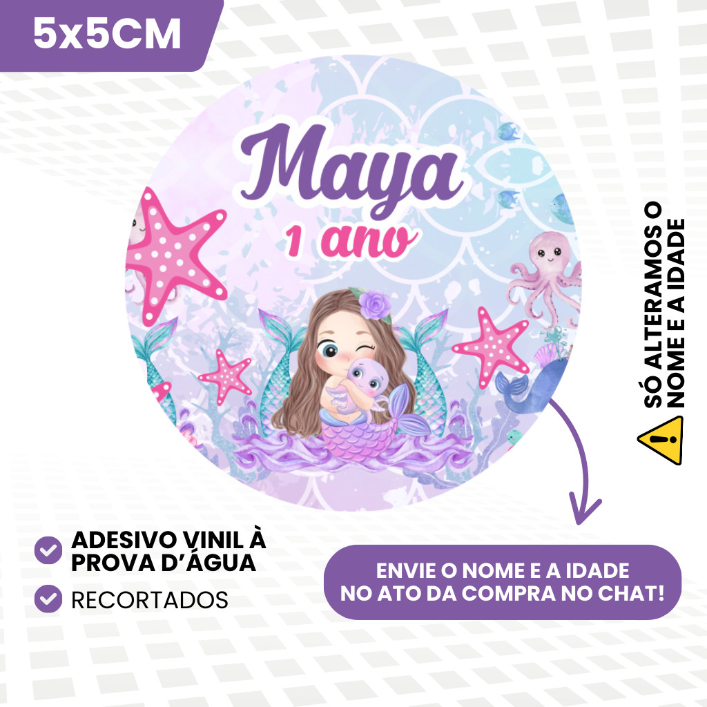 Adesivos Vinil 5x5cm Personalizados Para Lembrancinhas de Aniversário Infantil Menina Tema Sereia Cute