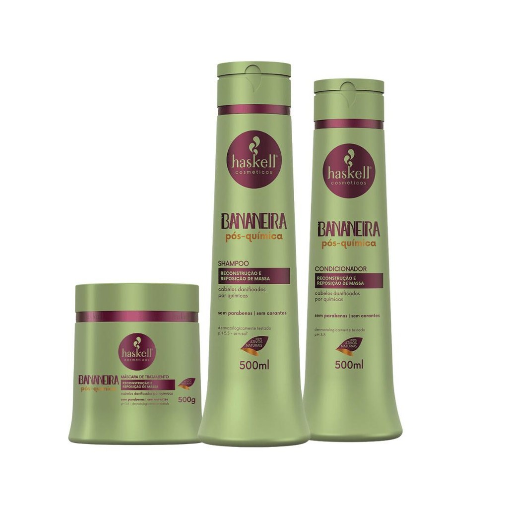 Kit Shampoo Condicionador e Máscara Bananeira Pós Química Cabelos Danificados Haskell  500ml