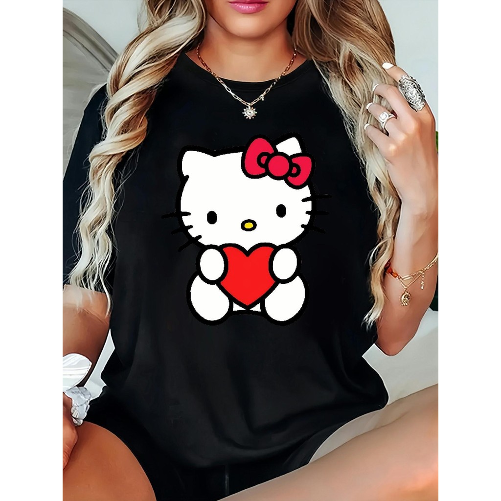 Bonito Camiseta Feminina Estampada Com Desenho Animado Da Hello Kitty, Blusa De Algodão Casual E Confortável, Versátil
