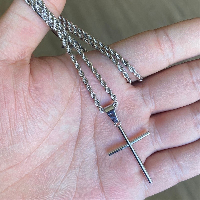 CONJUNTO CORDAO Corrente Torcido Cordão Banhado Prata com colares masculinos com Pingente de Cruz Aço inoxidável