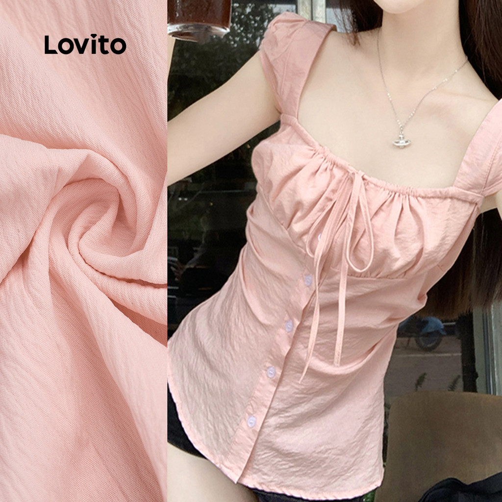 Lovito Blusa Bonita com Laço Frontal Botões Estilo Casual Primavera/verão Blusa Rosa para mulheres L156AD190