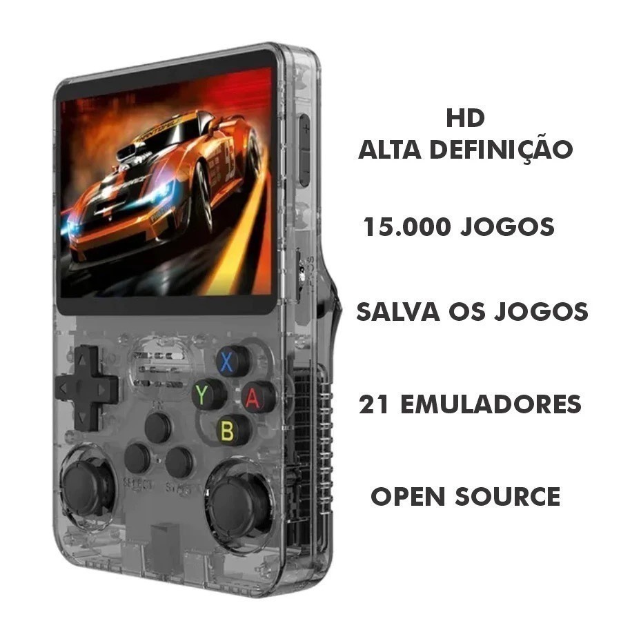 Console Portátil R36S + de 15.000 Jogos Vídeo Game 64g Linux Tela IPS 3.5 Polegadas