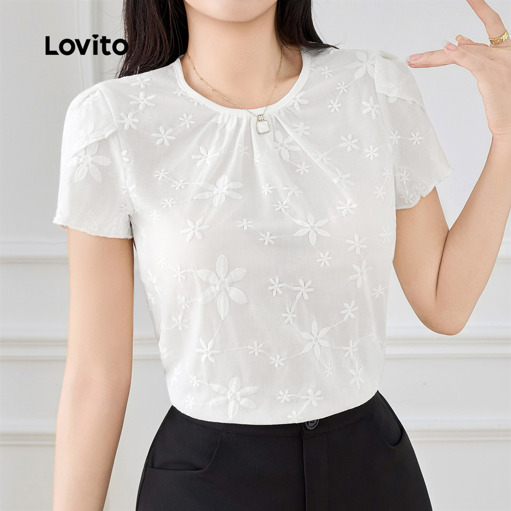 Lovito Blusa Casual com Bordado de Ilhós Primavera/verão Blusa Branca para Mulheres L154ED131