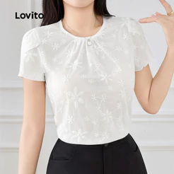 Lovito Elegante Blusa com Bordado de Ilhós Primavera/verão Blusa Branca para Mulheres L154ED131