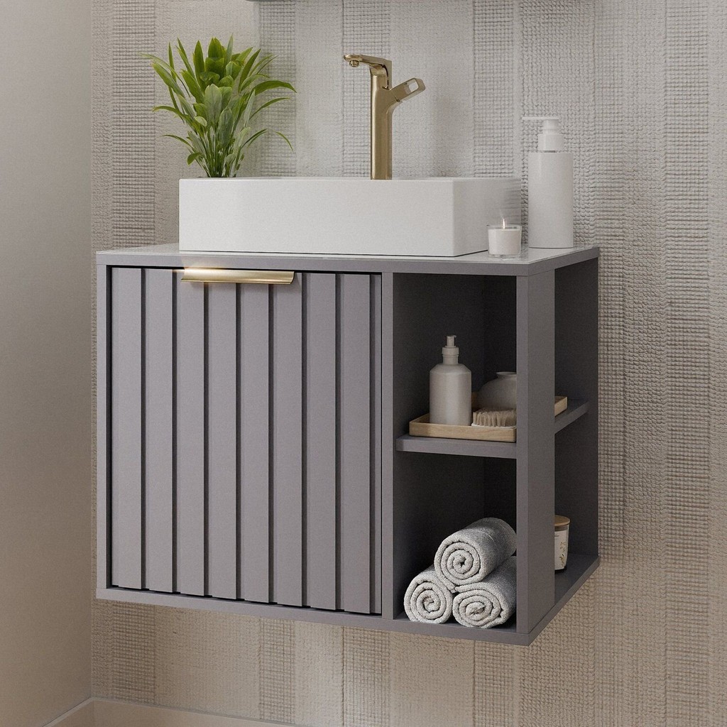 Gabinete para Banheiro 60cm com 1 Porta 2 Nichos e Cuba de Sobrepor Noruega Platina em Oferta na Shopee