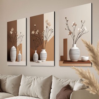 Trio de Quadros Vasos Brancos com Flores Secas, Arte Minimalista Boho para Sala Moderna em Oferta na Shopee