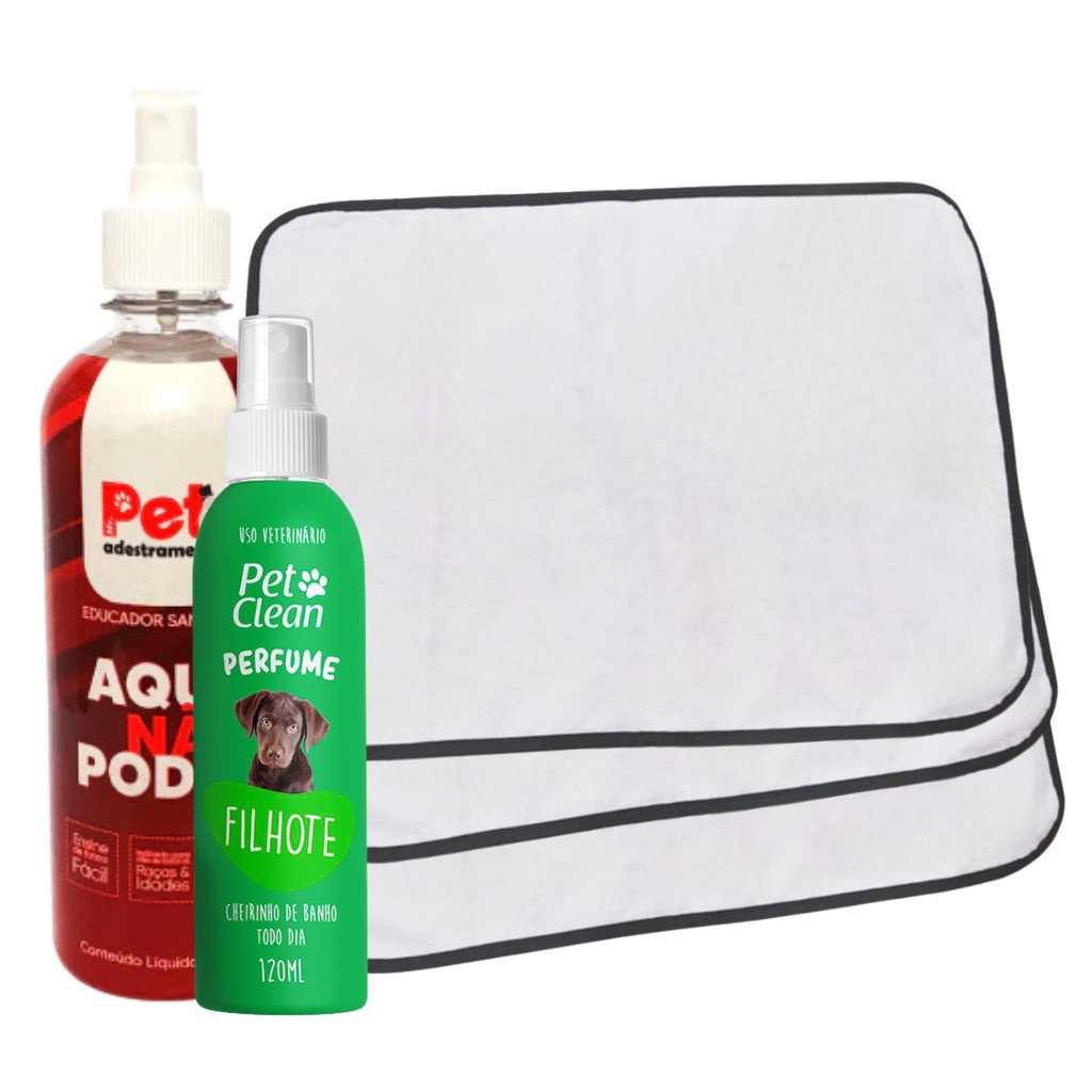 Kit 3 Tapetes Higiênicos P/Pets + Educador Sanitário Aqui Não Pode P/Pets 500ml + Perfume Pet Clean P/Pets 120ml