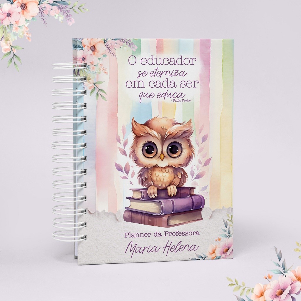 Planner Professora, Personalizado com o Nome, Tamanho A5, Capa Dura Brilho, Encadernação Wireo