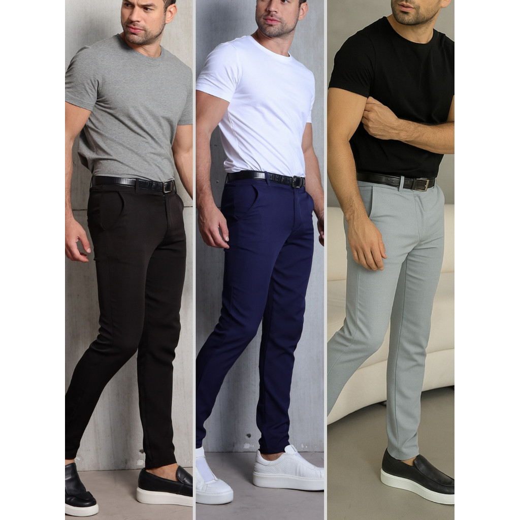 Kit 3 Calças Alfaiataria Masculina Calça Social Slim Premium Bolso Faca com Elástico Ajuste