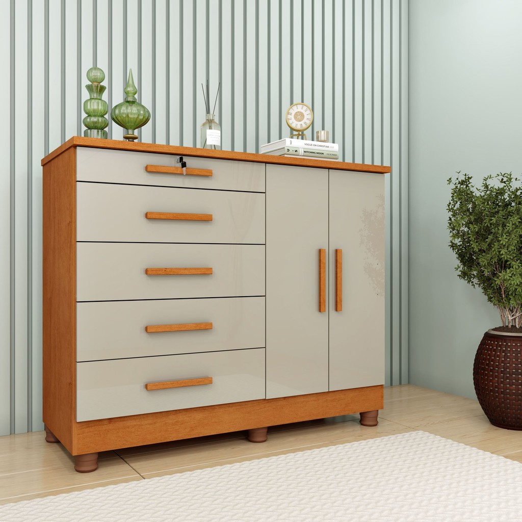 Cômoda 5 Gavetas 2 Portas com pés 136cm Istambul Cinamomo/Off White em Oferta na Shopee