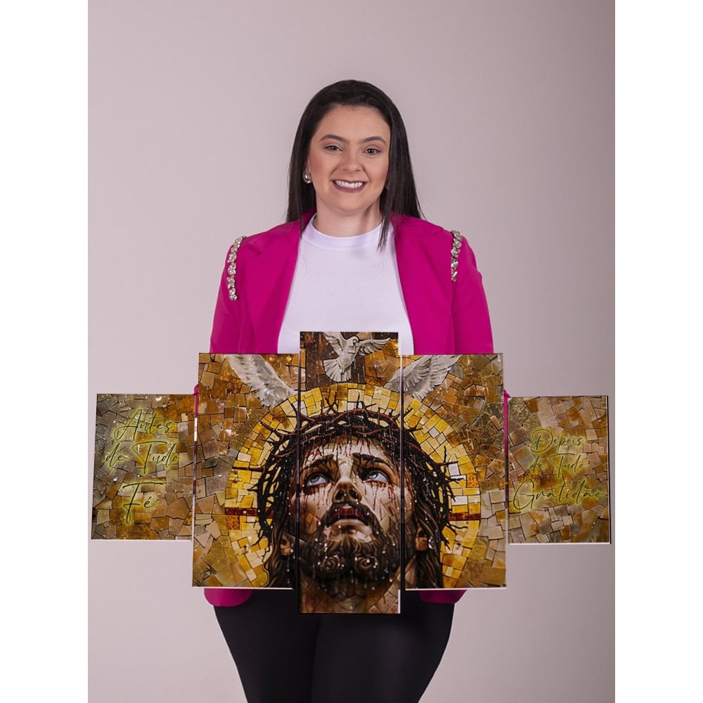 Quadro Decorativo Religioso Jesus Cristo 5 Peças Painel Mosaico Fé Gratidão Dourado Sala Parede