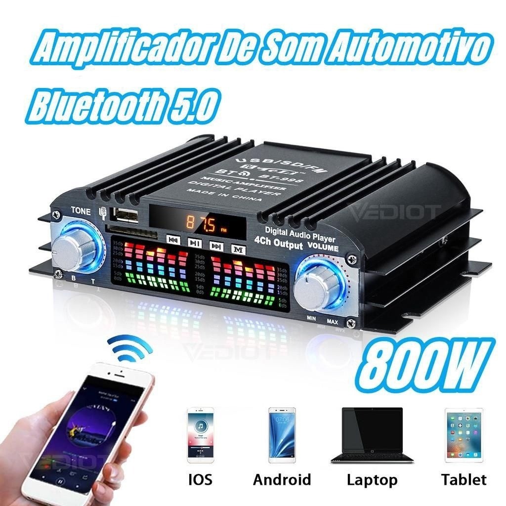 Amplificador De Som Digital Wi-Fi , 12V , 1600W , 4 Canais , Áudio , Rádio FM , Bluetooth 5.0 , Karaokê , Suporte Para C em Oferta na Shopee