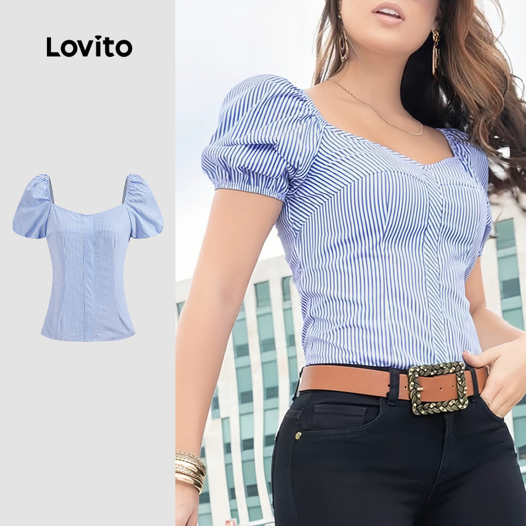 Lovito Blusa Casual Listrada Geométrica Plissada Blusa Verão/primavera Para Mulheres L128ED809 em Oferta na Shopee