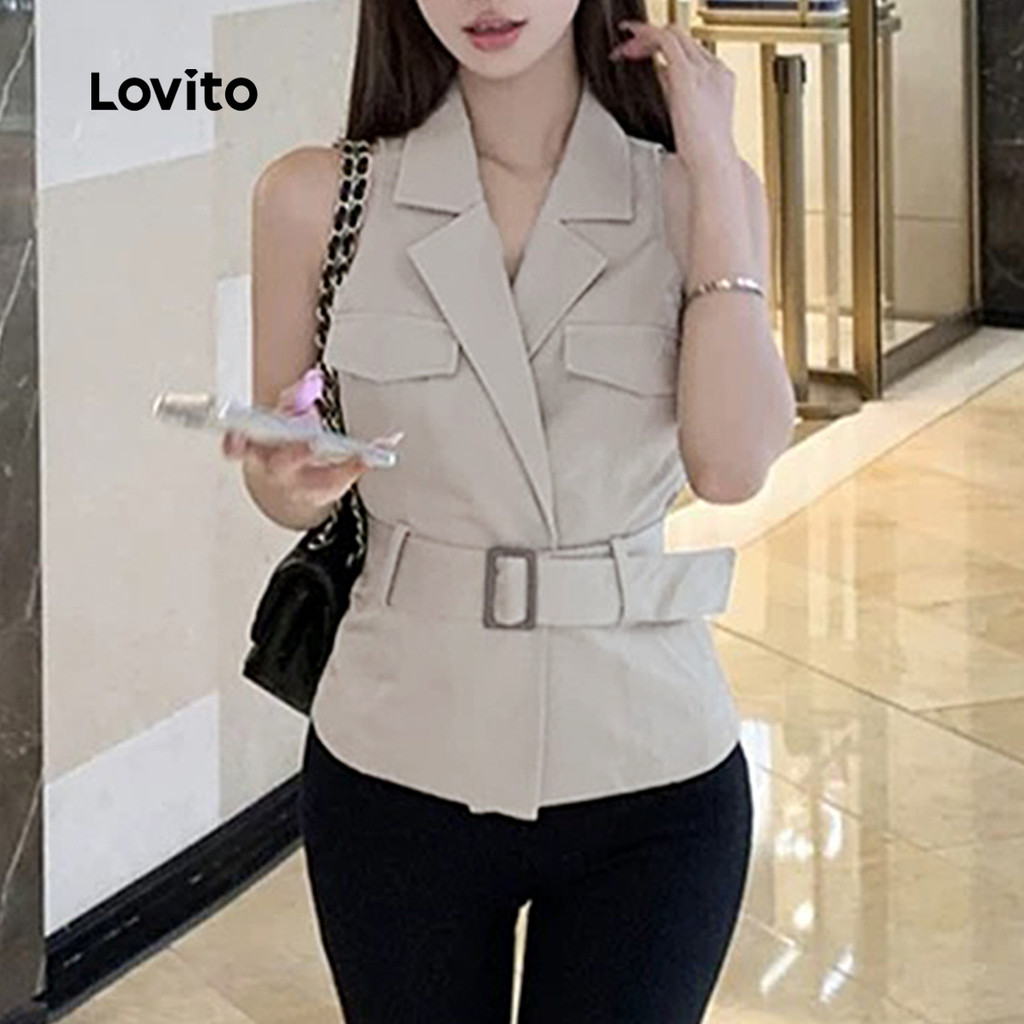 Detalhes do Lovito Blusa Feminina Elegante Lisa Com Cinto e Bolso Falso para Verão/Primavera L121MD337