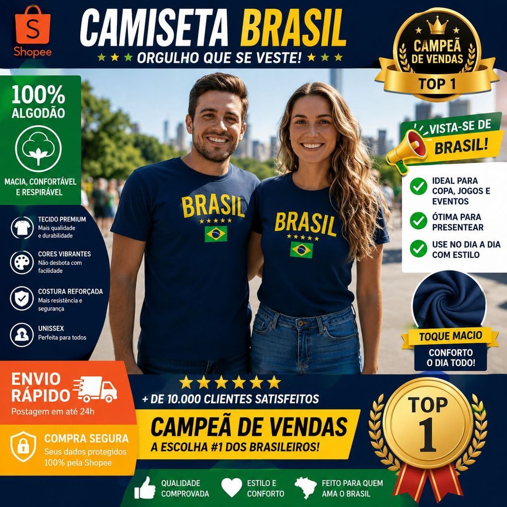 Kit Casal Seleção Brasileira – Camisetas “Brasil & Copa & Você & Eu” | Ideal para Torcer Juntos