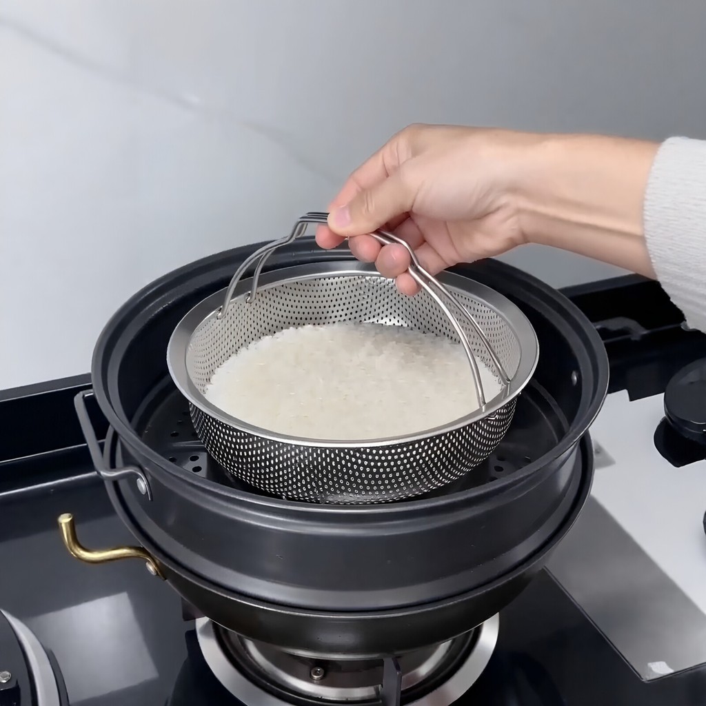 [Ferramenta útil de arroz com açúcar reduzido] Panela de arroz a vapor em aço inoxidável 304 Panela de arroz doméstica P