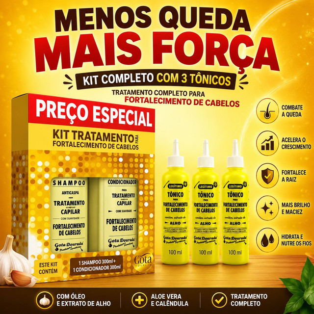 Kit Gota Dourada Shampoo e Cond 300ml + 3 Tônicos Queda