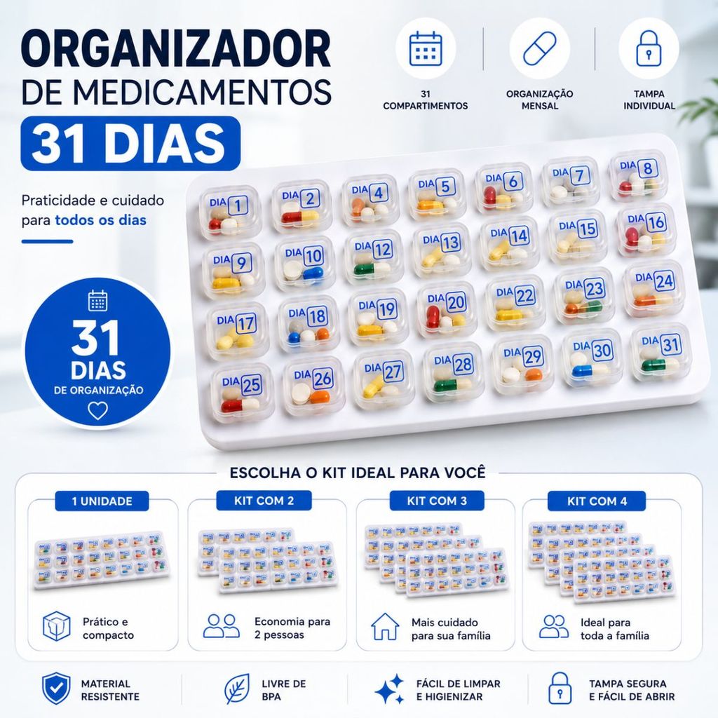 Estojo para cápsulas vitaminas 31 dias portátil organizador remédios resistente com números grandes