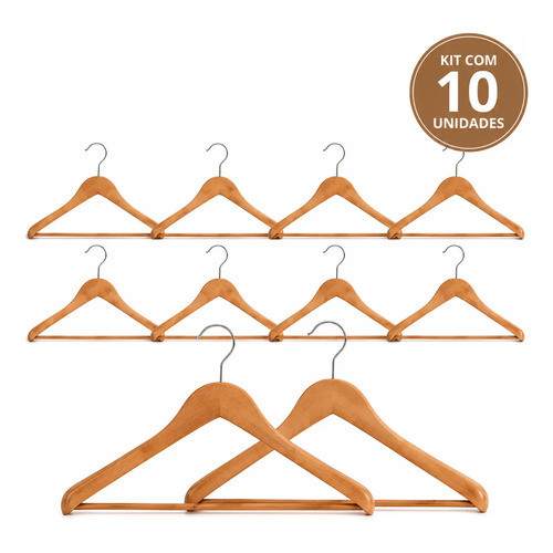 Kit 10 Cabides Executivos Madeira Ombreira Blazers Paramount Marrom-claro