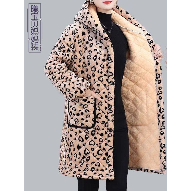 Roupas da mãe Roupas para casa Roupas de algodão com estampa de leopardo femininas idosas de meia-idade com capuz