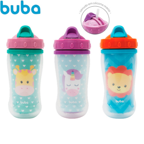 Copo Parede Dupla Animal Fun Buba Canudo Retrátil Antivazamento Infantil Garrafa Escola Bebê 280ml