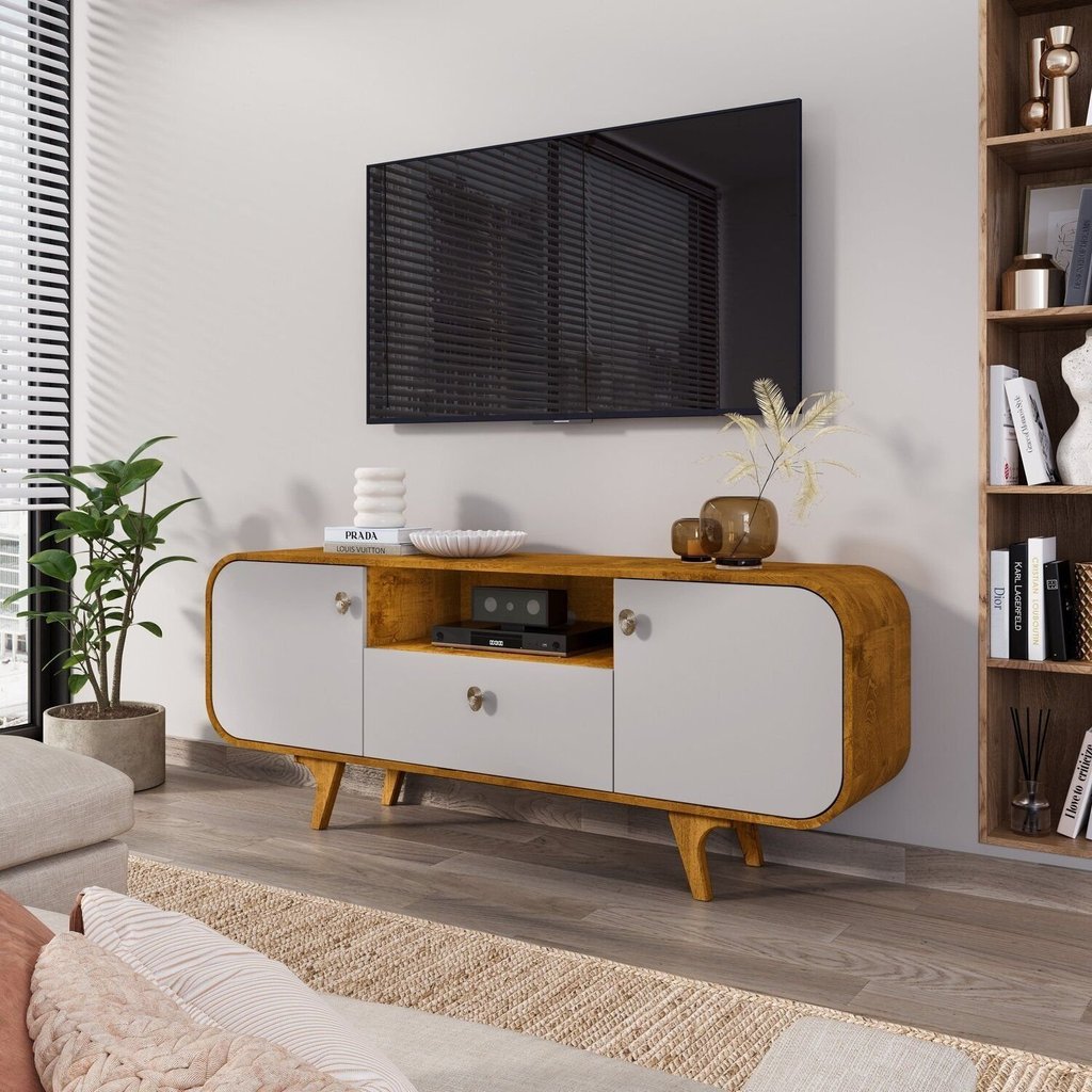 Rack para TV até 55 Polegadas 156cm Pés em Madeira Maciça Cantos Arredondados Noronha Marrom Naturalle/Off-White