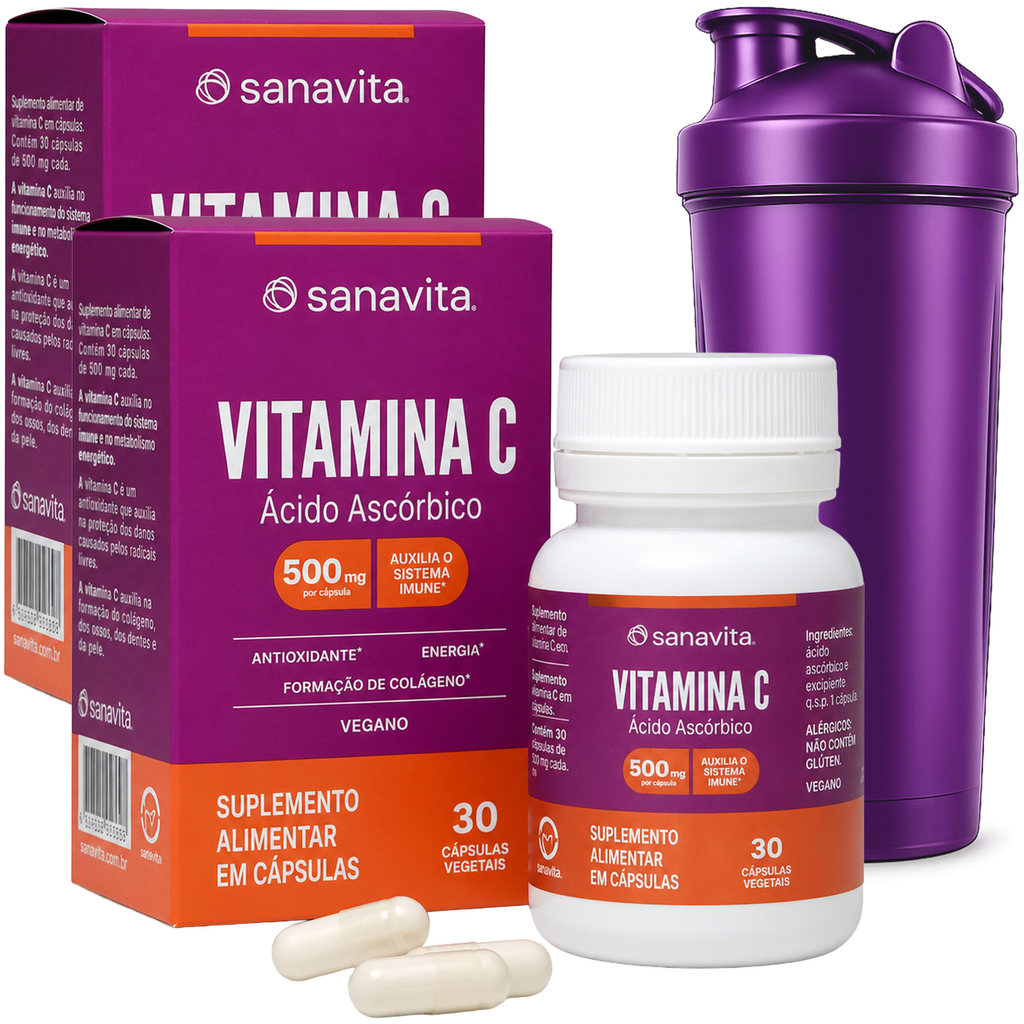 Kit 2x Vitamina C 30 Cápsulas Coqueteleira Imunidade Antioxidante Energia Suplemento Saúde Defesa