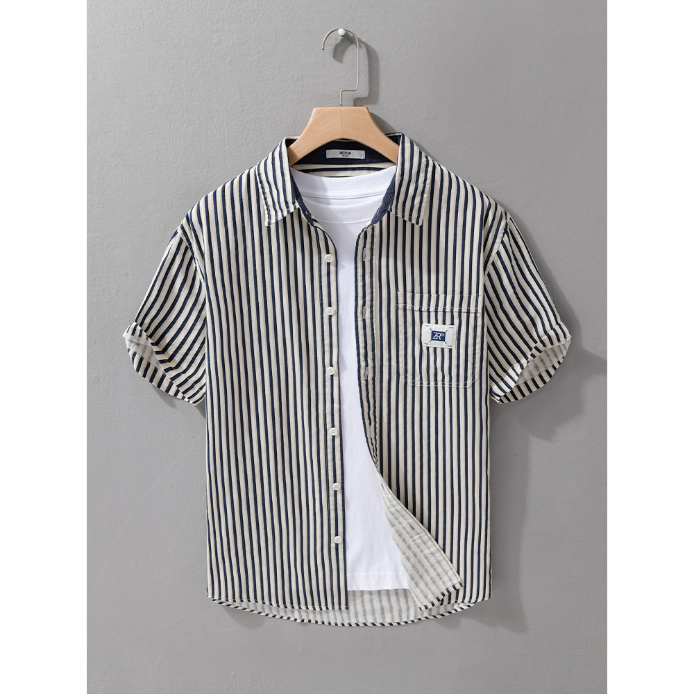 Verão listrado camisa de manga curta masculina Casual Street Wear na moda All-Match camisa estilo fino japonês solto mei