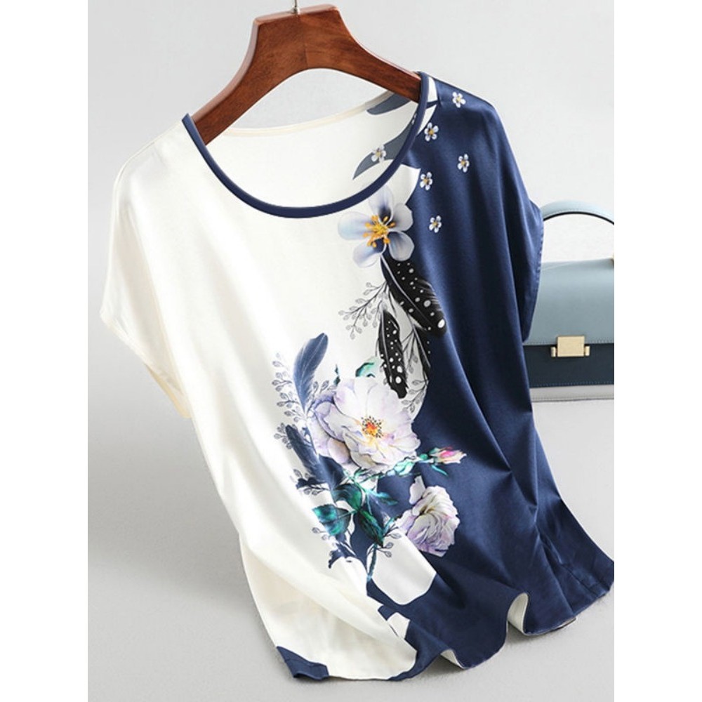 Verão novo estilo mãe vestido de verão gelo seda topo feminino manga curta mais magro olhar Plus Size feminino largo rou