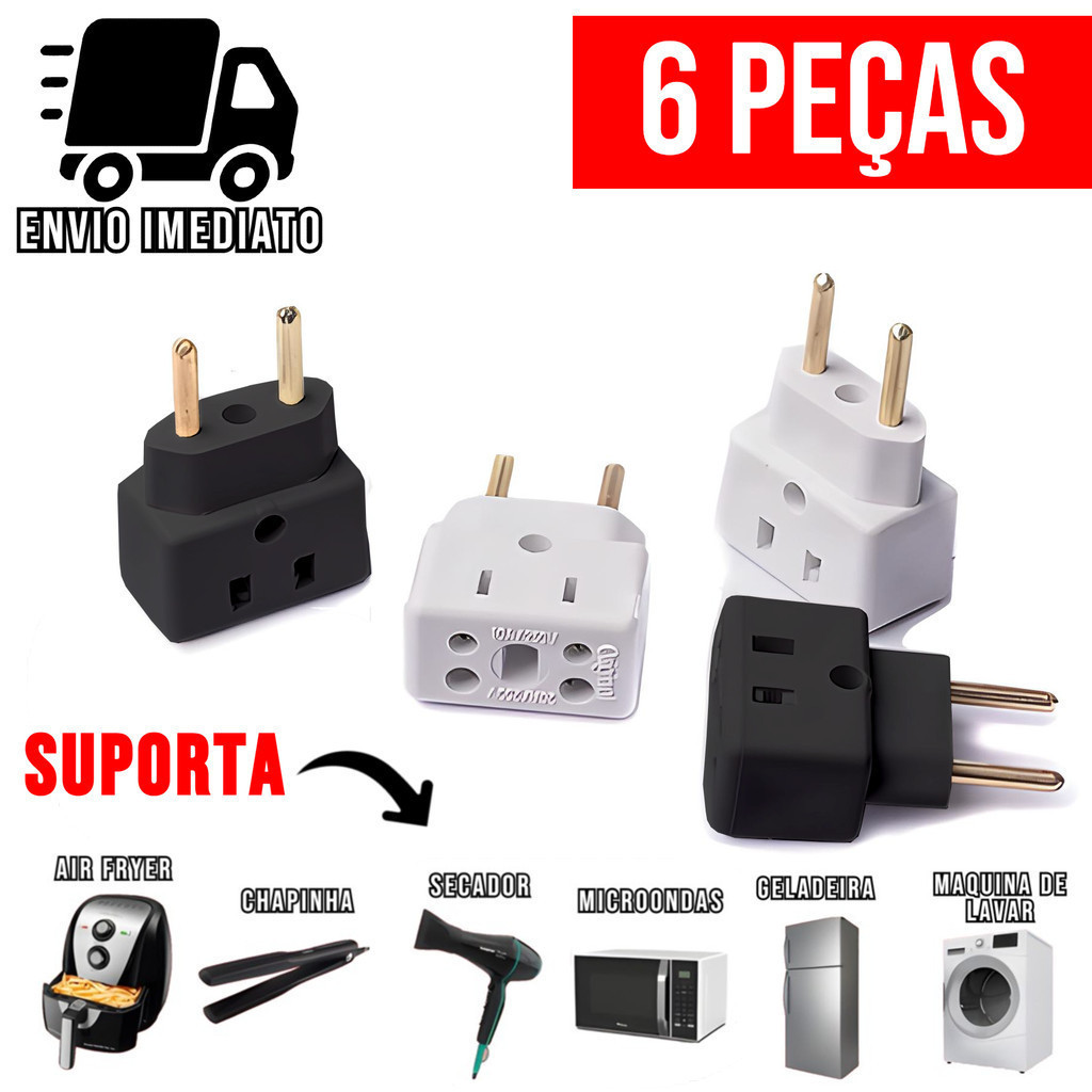 Kit 6 Adaptador de Tomada Ultra Resistente Porcelana para Secador Air Fryer Benjamin Bivolt 10A 20A