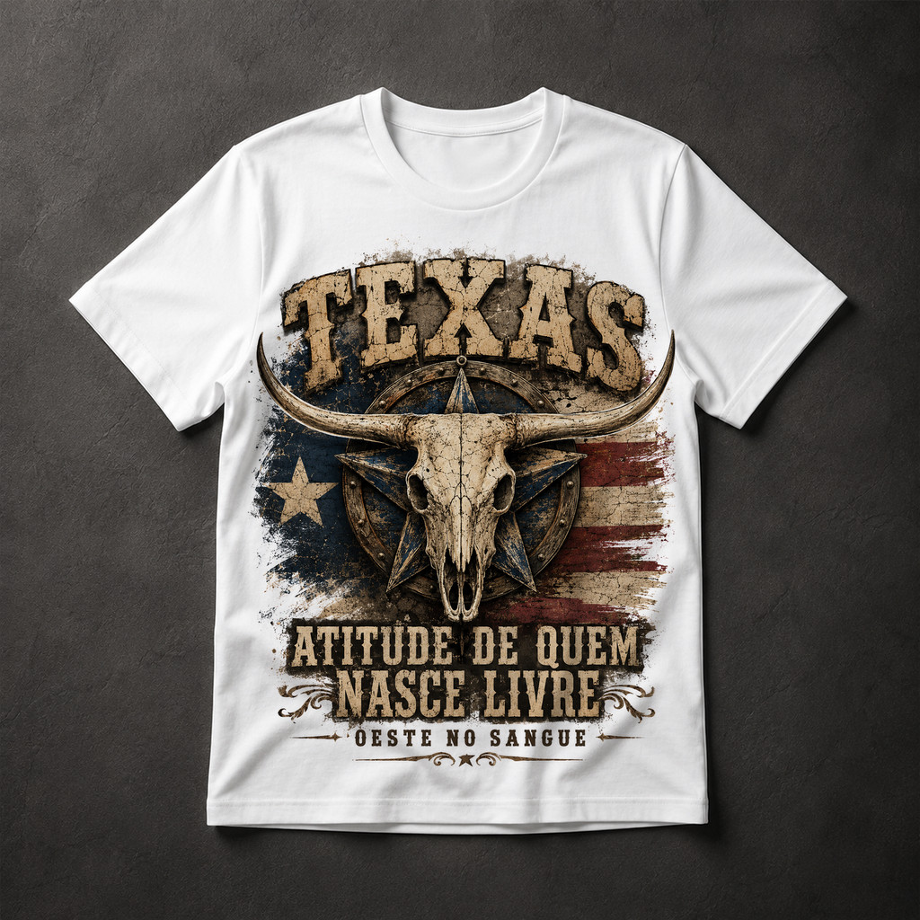 Camiseta Texas Country Oeste Caveira Longhorn Atitude Nasce Livre Sertanejo Masculina