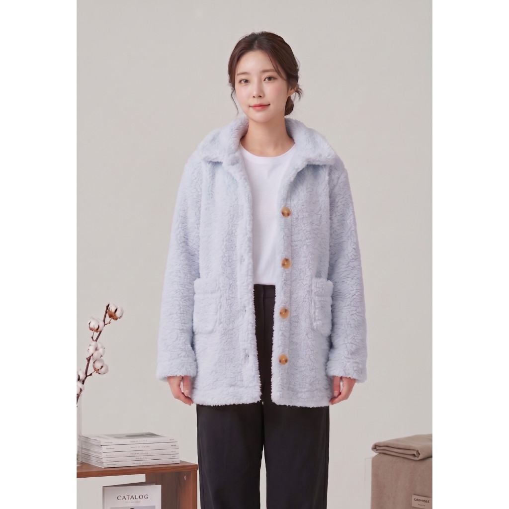 Casaco Feminino Azul Bebê Longo Teddy Coreano Manga Longa Tede Ted Com Botões Blusa Frio…