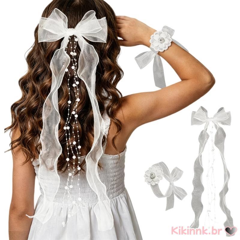 Kiki Sofisticado Tecido Branco Bowknot Acessório De Cabelo Cocar De Flor De Pulso
