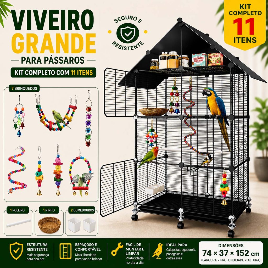 Gaiola Preta Grande Móvel de 3 Andares com Teto, Acessórios e Brinquedos Inclusos