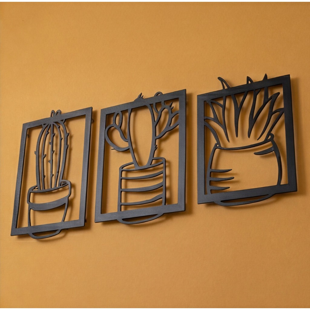 Trio Quadros Cactos Suculentas MDF Preto 3D Vazado Parede Decoração Sala Quarto Boho Escandinavo